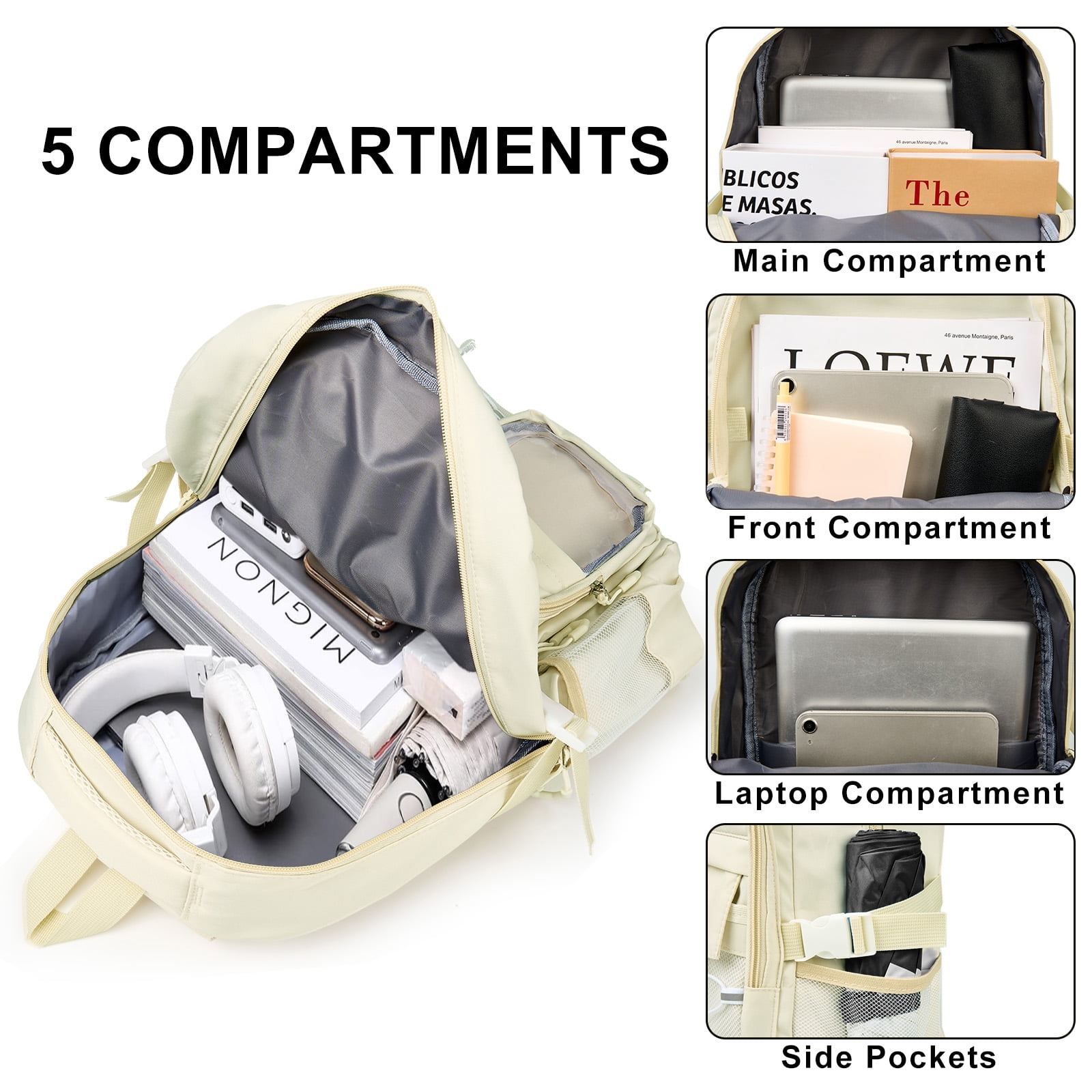 DAKIMOE School Backpack High School Bookbag Durable Large Capacity Lightweight Daypack for College Students Travel Daypack, Beige