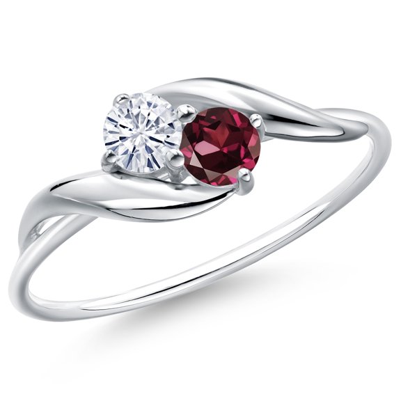 Gem Stone King 10K White Gold Round White Moissanite and Red Rhodolite Garnet Ring for Women (0.38 Cttw, Round 3.5MM, Gemstone Birthstone, Size 5)