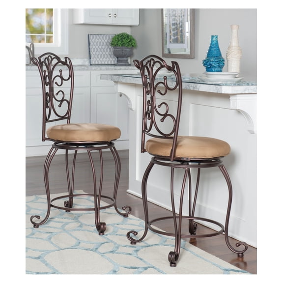 Linon Gathered 24" High Back Indoor Round Metal Counter Stool with Swivel, Matte Bronze/Ligh Brown