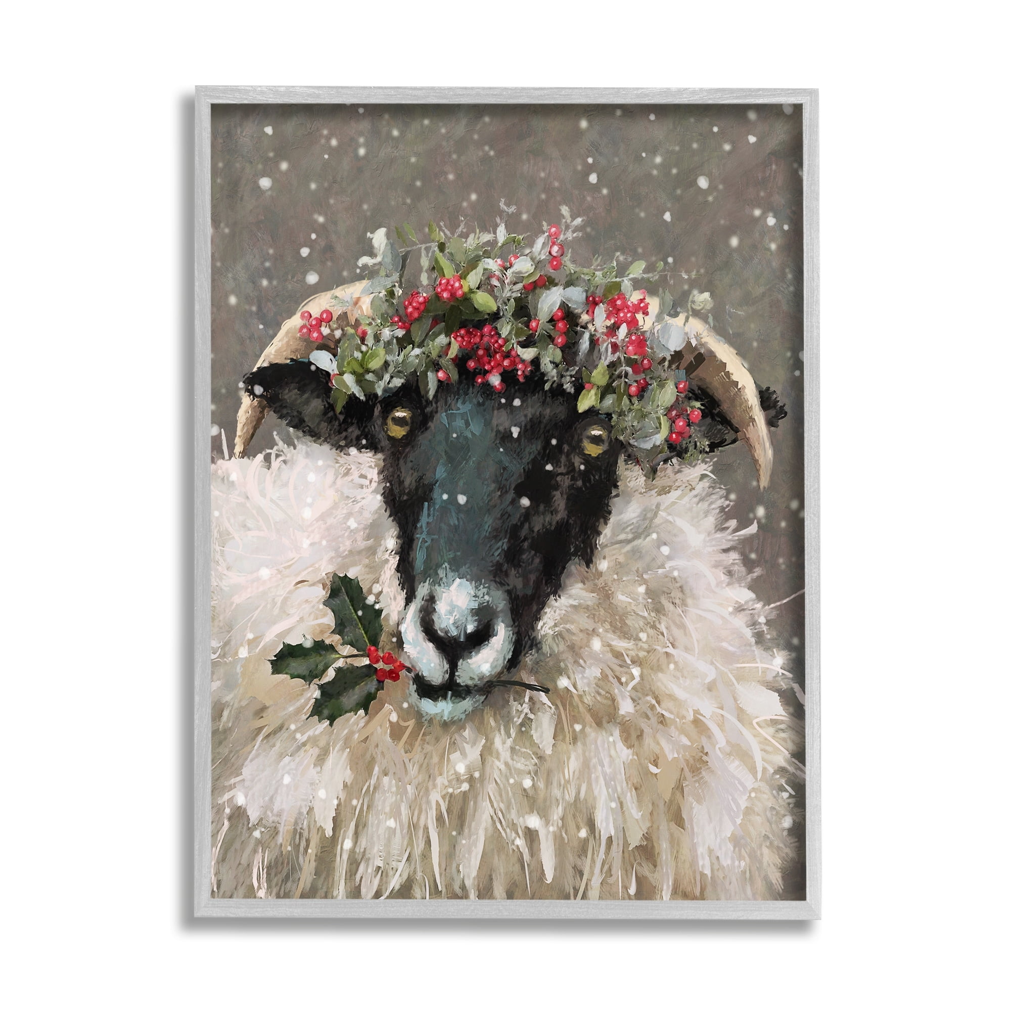Stupell Industries Holiday Berries Farmhouse Sheep Holiday Painting Gray Framed Art Print Wall Art