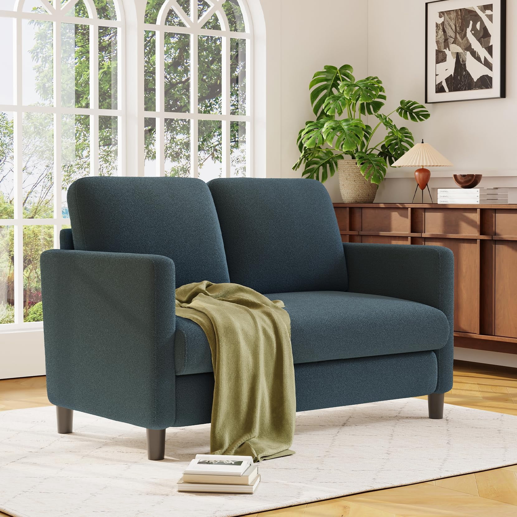 Welzona 51" Teddy Fabric Loveseat Sofa, Small 2-Seater Couch for Small Spaces, Tool-Free Assembly, Blue