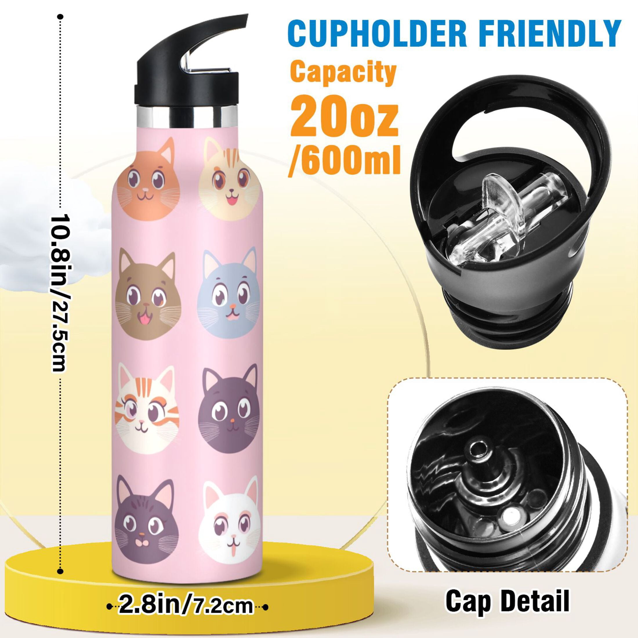 Kids Insulated Stainless Steel Sports Water Bottle 600ml (20oz), BPA-Free Cute Cat Face Pattern