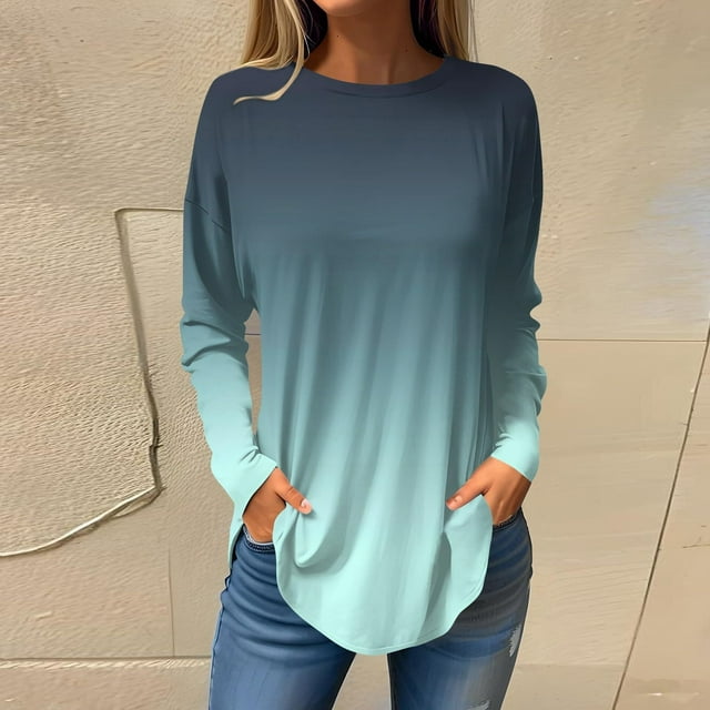 Birdeem Womens Round Neck Printing Fall Blouses Fashion Smocked Long Sleeve Shirts Tops