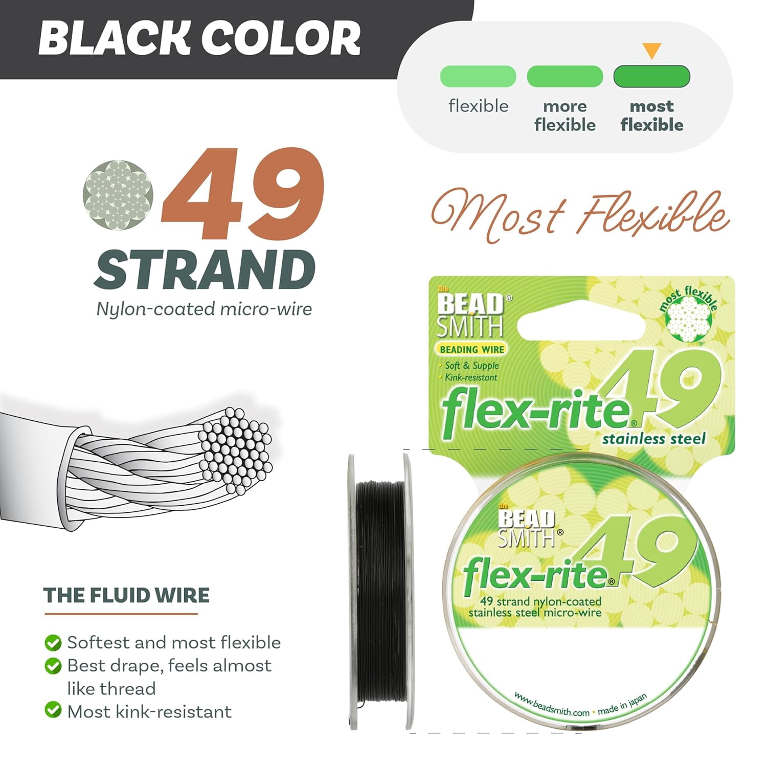 The Beadsmith Flex-Rite Beading Wire - 49-Strand, 0.014" (0.30 mm) Dia, Black, 30 ft
