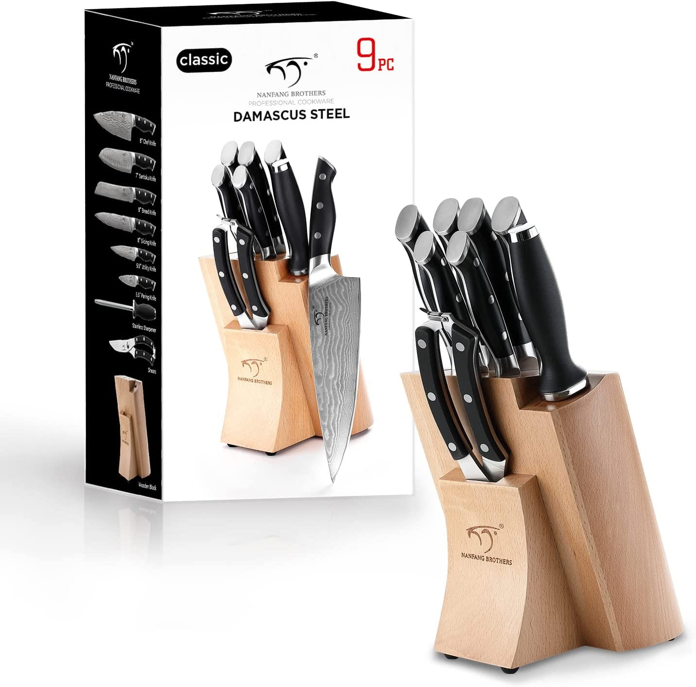 Nanfang Brothers NF-D0601T Silver Black Kitchen Knife Set 9 Pieces With  Block