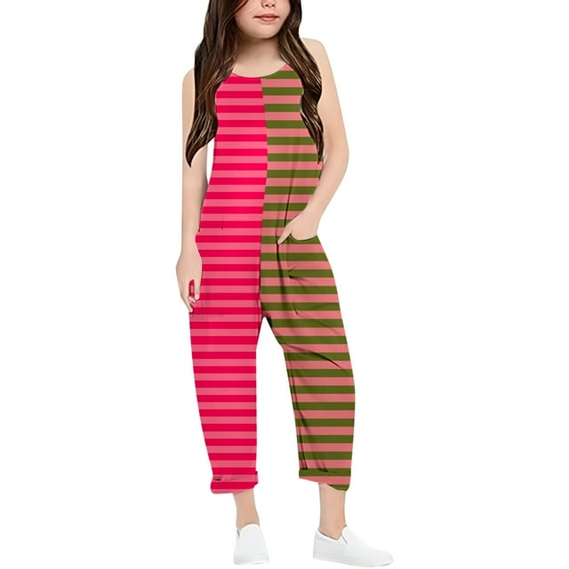 Girls Overall Striped Rompers for Girls Casual V Neck Strap Rompers with Pockets Girls Outfits Size 5-6 Y
