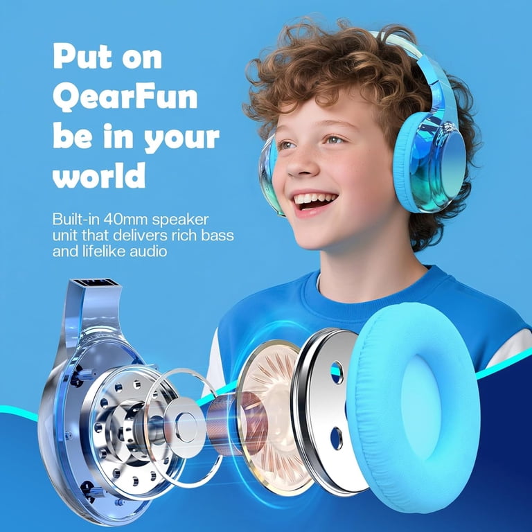 QearFun Kids Bluetooth Headphones, Blue Gradient photo 8
