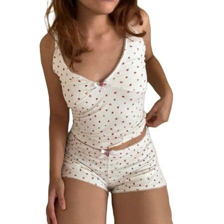 

Gueuusu Womens Cami Pajama Set Flower Print Sleeveless V-neck Camisole with Shorts Sleepwear Loungewear S/M/L/XL