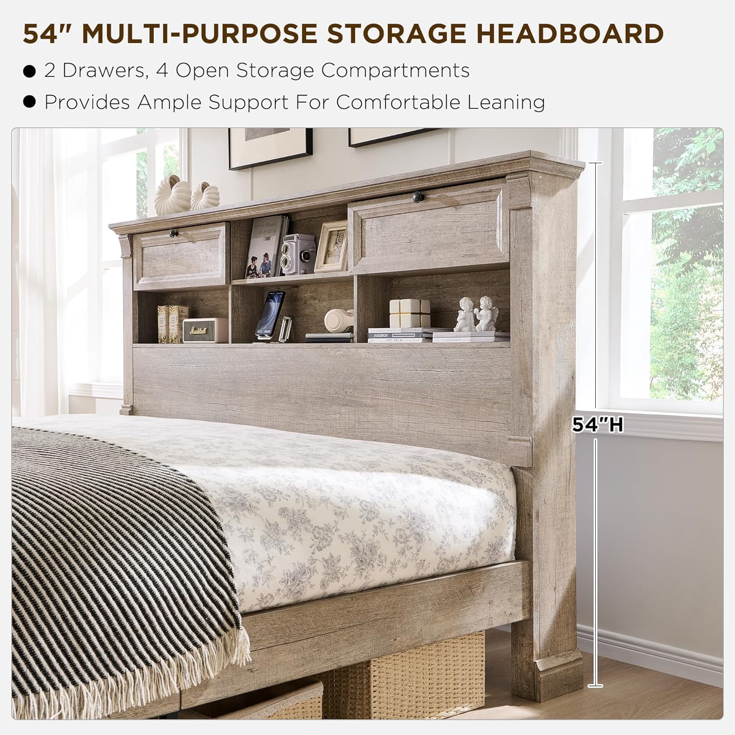 KeyWhat Farmhouse Queen Size Bed Frame with 54" Tall Storage Bookcase Headboard, Wood Platform Bed Frame with 2 Drawers, No Box Spring Needed, Light Rustic Oak