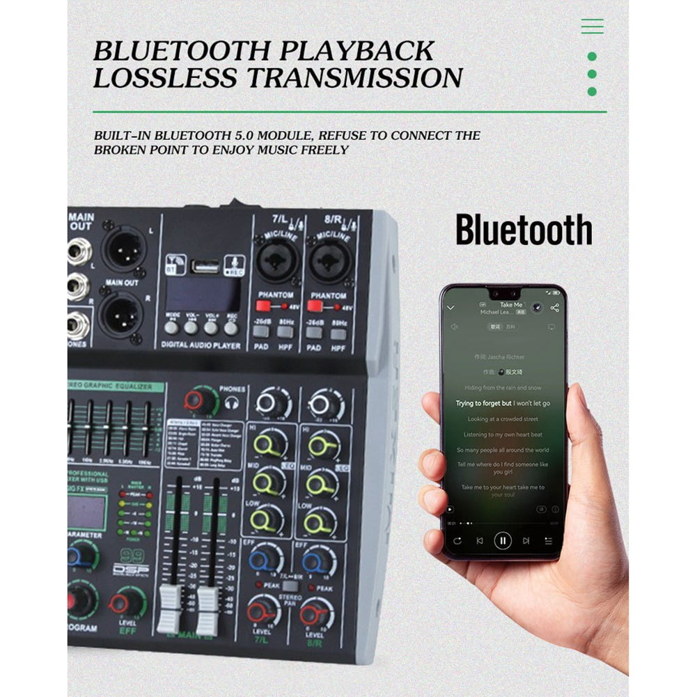 Professional 8 Channel Audio Mixer Built-in 99DSP 7-Segment Balanced Effect Bluetooth Live Recording XLR Mixer US Plug