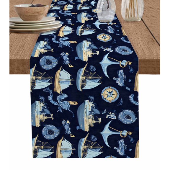 Navy Blue Coastal Table Runner 72 Inches, Nautical Boat Ocean Summer Beach Bed Runner Dresser Scarves Tabletop for Indoor Outdoor Parties/Ceremony/Banquet, 14" x 72"