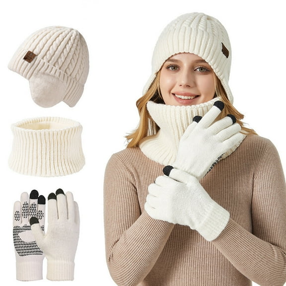 3 Pieces Women Winter Hat Scarf Set, Knit Beanie Neck Warmer Touchscreen Mittens