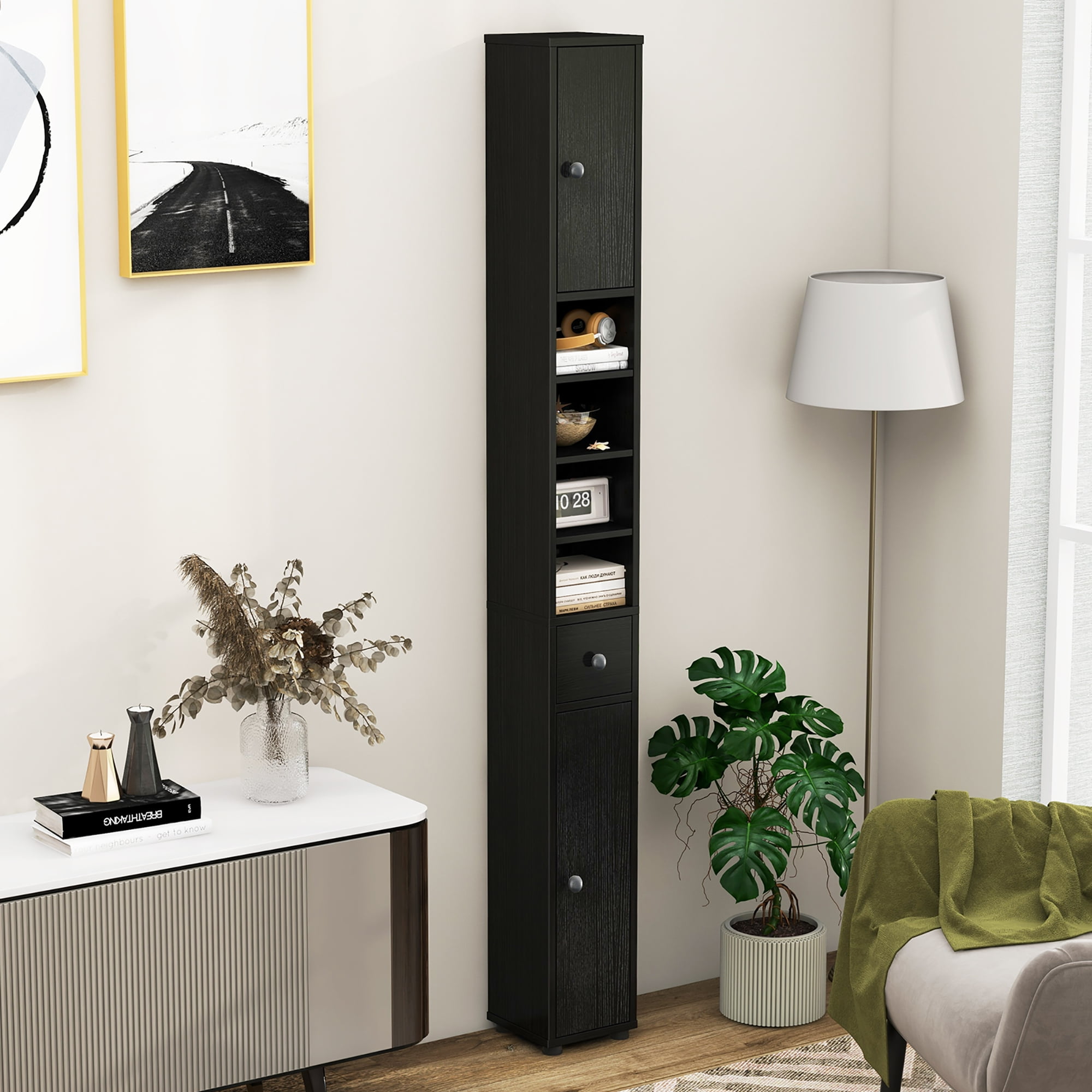 Gymax Tall Slim Bathroom Storage Cabinet Linen Tower w/Drawer Adjustable Shelves Black