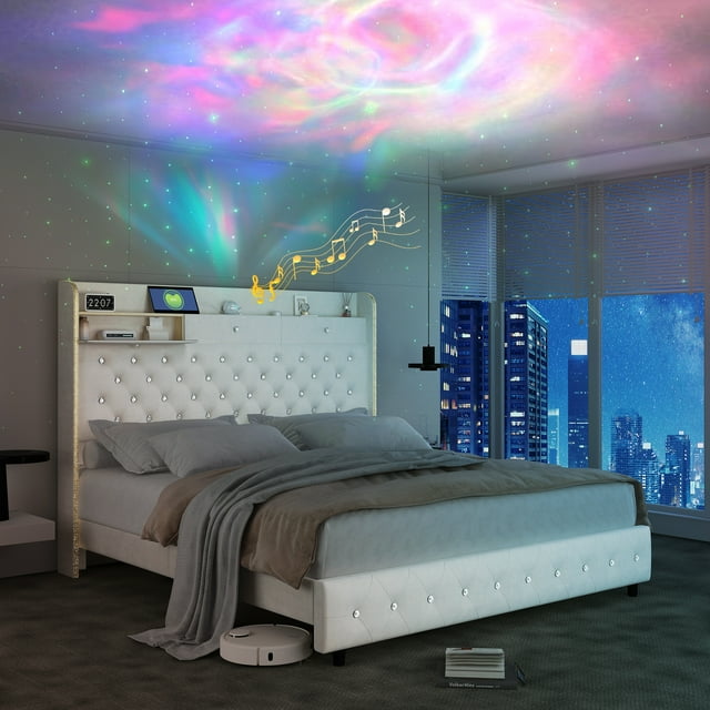 SIBEDS Full LED Bed Frame with 52" Crystal Button Tufted Upholstered Headboard, Galaxy Projector & Charging Station, No Box Spring Needed, Velvet Cream