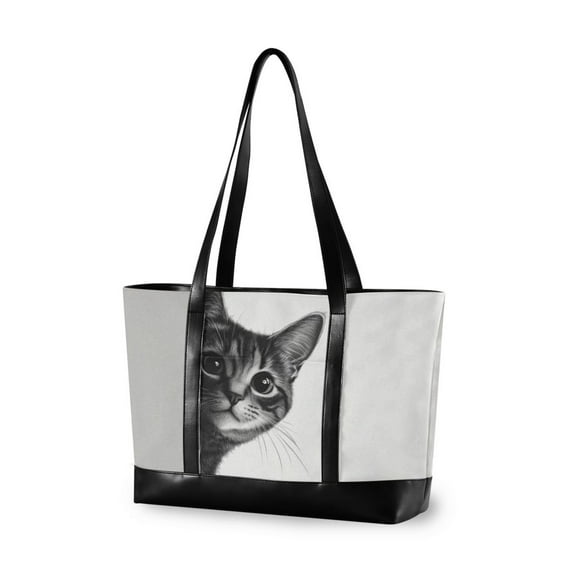 FORMRS Canvas Laptop Tote Bag for Women with 15.6" Computer Compartments Shoulder Handbag, Black Cute Cat