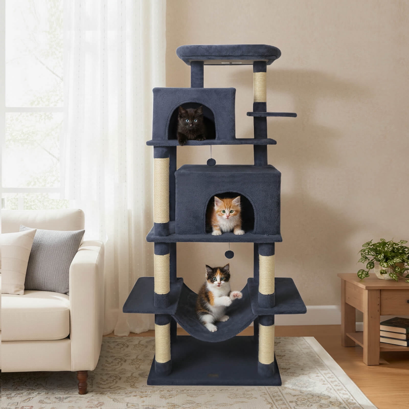 Costway 70” Large Cat Tree for Indoor Cats with Plush Top Perch, Dual large Condos, Hammock Dark Gray