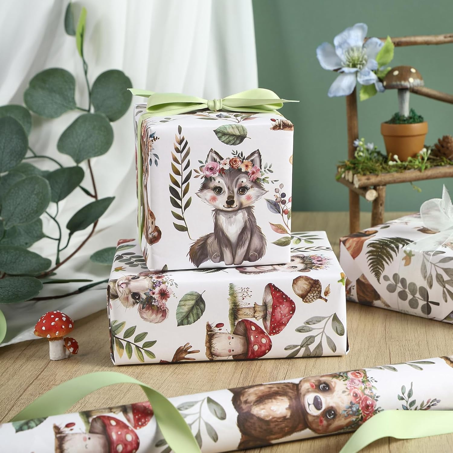 Kraft Woodland Animal Wrapping Paper Roll - Mini Roll - 17 Inch x 16.5 Feet - Greenery Woodland Forest Animals Design Perfect for Baby Shower, Kids Girls Boys Birthday