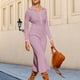 thumbnail image 4 of Vestido de otoño con cuello en V Vestido ajustado de punto acanalado para mujer Traje diario con cuello vuelto, 4 of 6