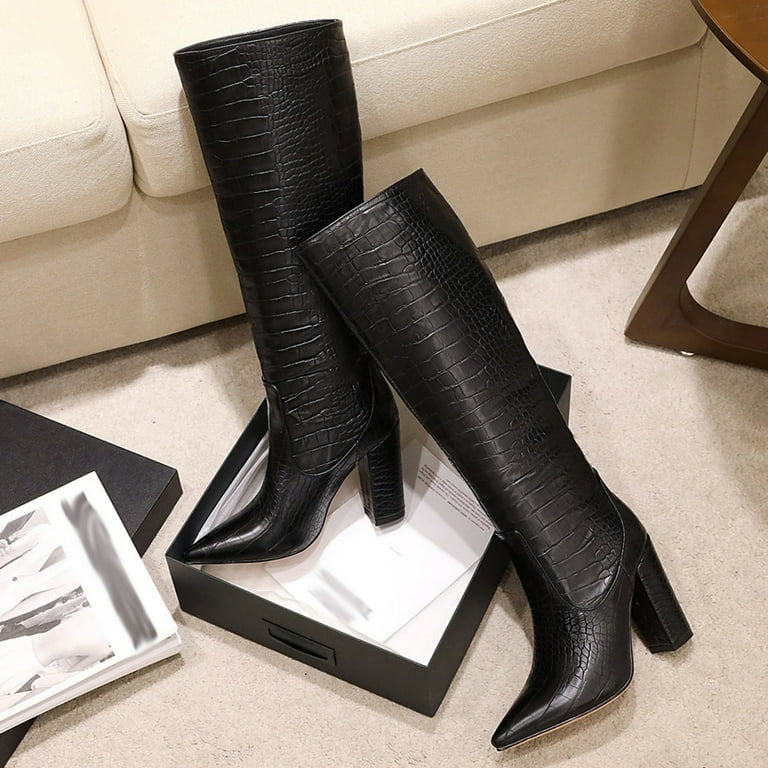 Kijblae Women's Fuzzy Fleece Lined Knee High Boots Block Heel Over The Knee Boots Faux Leather Pointed Toe Chunky Heel Dress Boots Fall Winter Shoes
