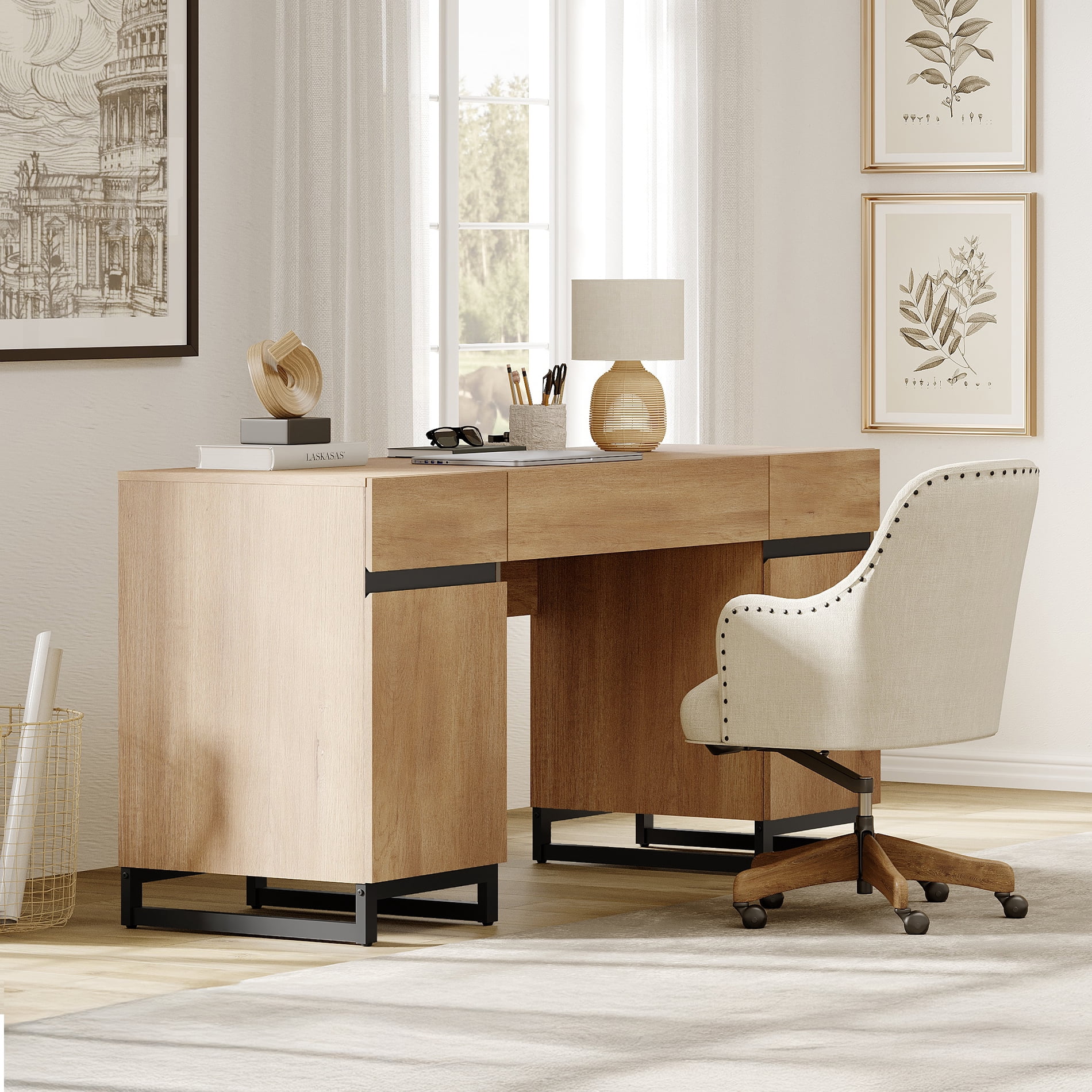 WAMPAT Home Office Furniture Set: 59" Executive Desk with Charging Station and Storage Cabinet, Two 72" Tall Bookcase, Modern Computer Desk and Library Shelf for Work Study, Oak