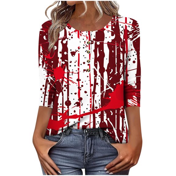 Mwjwdo Womens 3/4 Sleeve Splash Striped Printed Dressy Casual Henley Round Neck Relaxed Fit Tunic Tops Fall Shirts