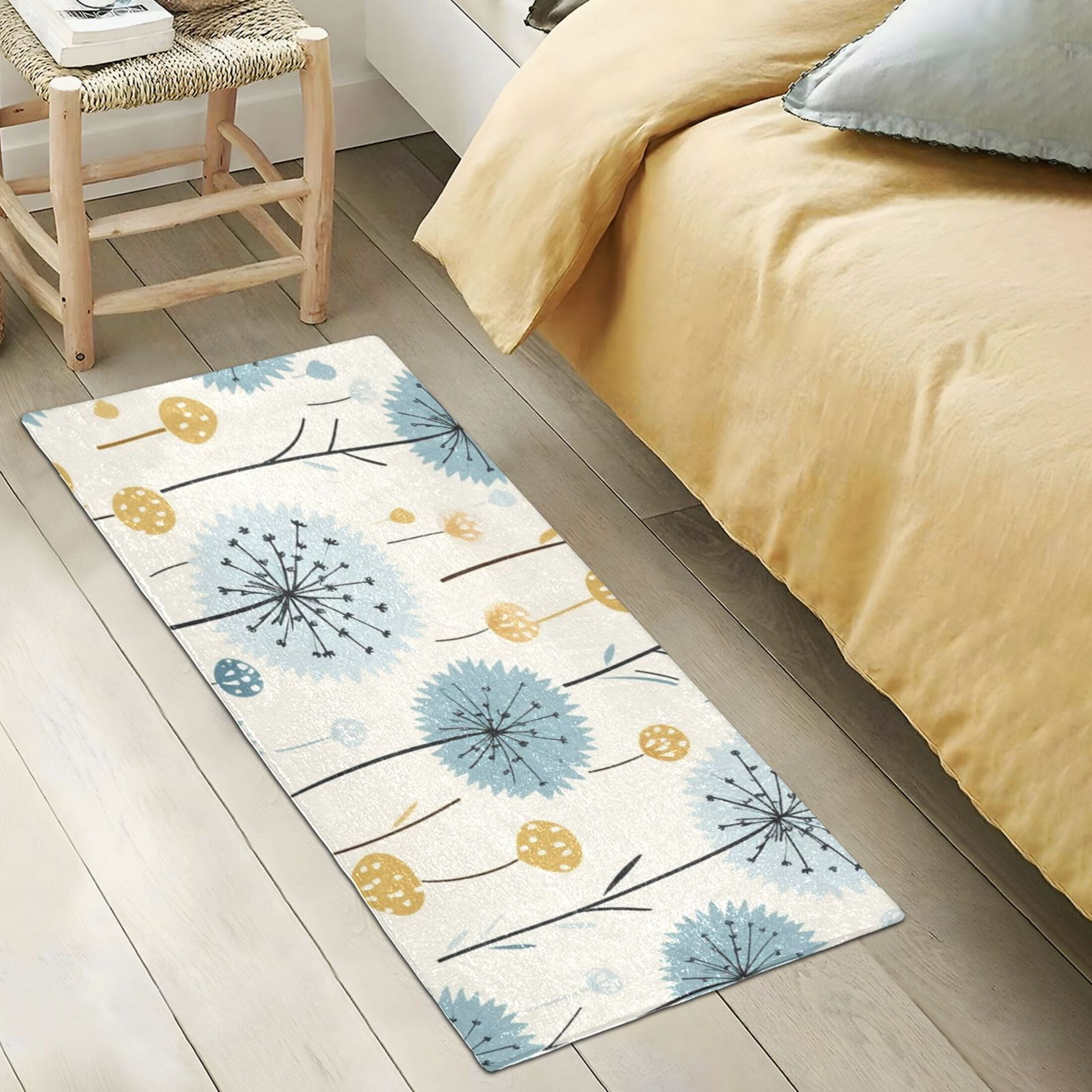 Bath Mat Soft Plush Non-Slip Absorbent Bathroom Rugs 39"x20" Blue and Yellow Dandelion