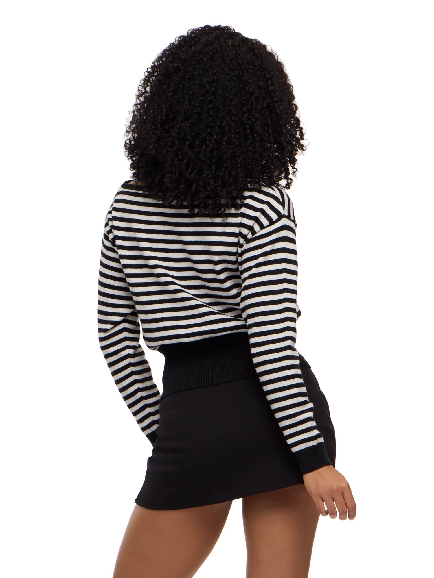 Forever 21 Women's Slouchy Off Shoulder Striped Sweater, Ribbed Waistband and Cuffs, Soft Knit Pullover Casual Everyday Style Top, Black, XXS-XXL