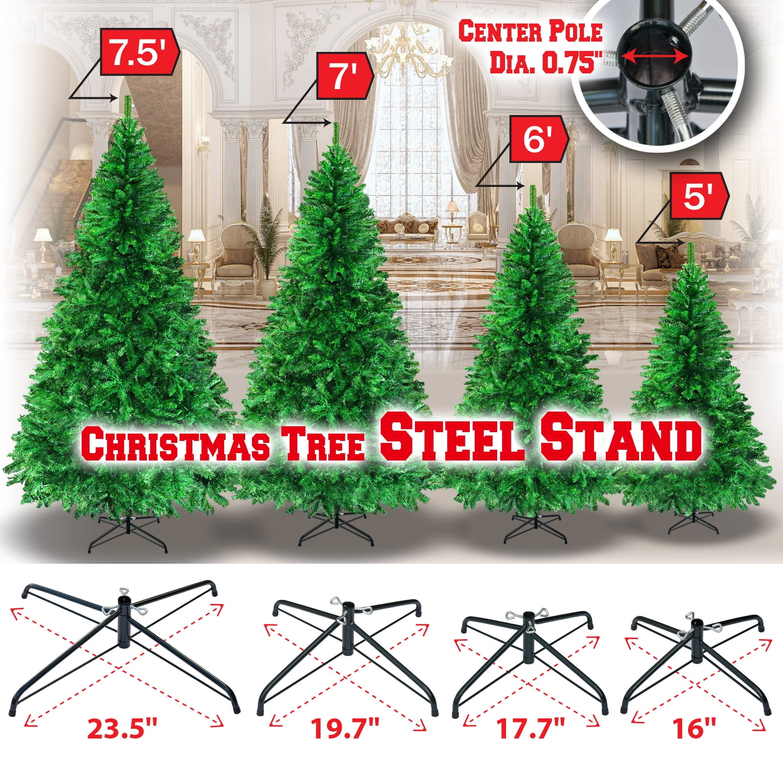 Sunrise Steel Base Metal Stand for 5/6/7/7.5ft Christmas Tree Xmas Decor (Green, for 7.5ft Tree)