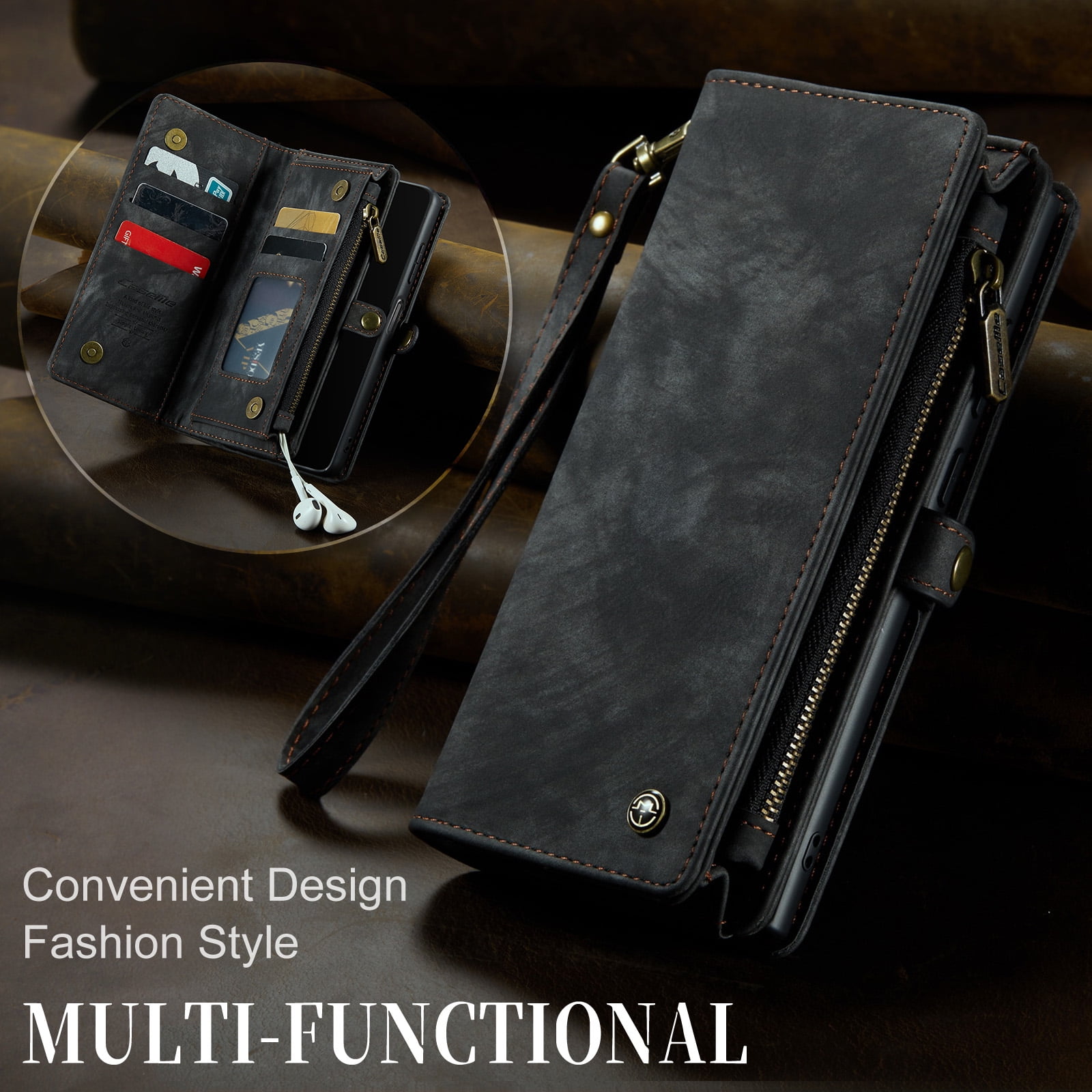 Feishell Durable 2- In-1 Magnetic Detachable Wallet Case for Samsung Galaxy S25,for Women Men,Premium PU Leather Zipper Pocket Flip Multi Card Slots Purse Phone Case with Wrist Strap,Black