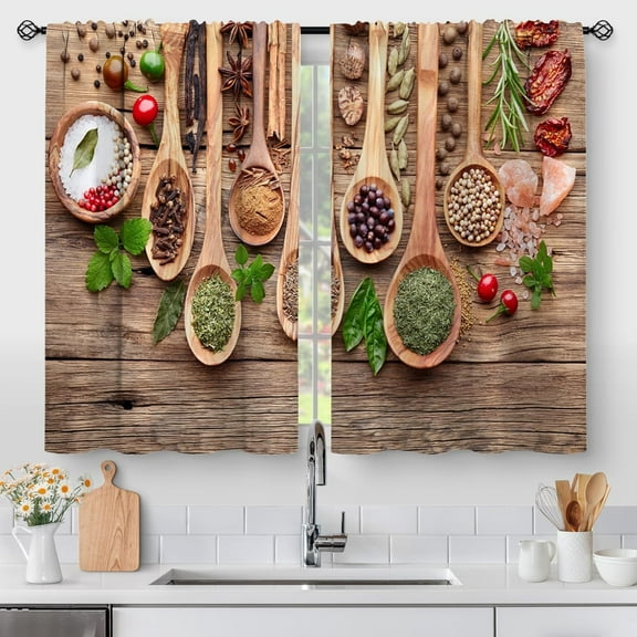 Wood Spoon Kitchen Curtains - Country Spice Cafe Farmhouse Small Short Tier Window Curtains for Bathroom Living Dining Room Decor Rod Pocket Window Drapes 36 Inch Length Set 28"x36"