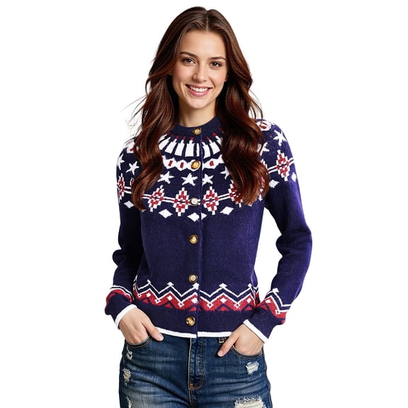 PAOLA RIBONI Lightweight Comfort Fairisle Star Crew Neck Cardigan in Cozy Red and Blue Design Featuring Raglan Sleeves Perfect for Stylish Layering Anywhere