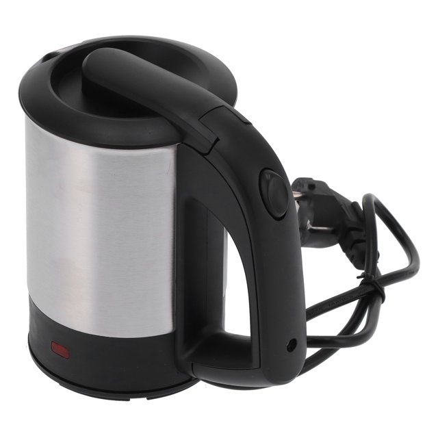 Electric Kettle, Water Boiler Mini Automatic Power Off EU 220V for kitchen, travel, and home use. Made of brushed stainless steel with a 0.5L capacity and a 1000W heater for fast boiling. Features a cool-touch plastic handle and automatic shutdown for safety. Includes two water cups and an instruction manual.