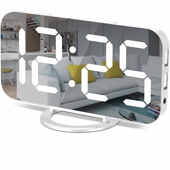 Digital Alarm Clock,7" LED Mirror Electronic Clocks,with 2 USB Charging Ports,Snooze Mode,Auto Adjust Brightness,Modern Desk Wall Clocks for Bedrooms Living Room Office - White