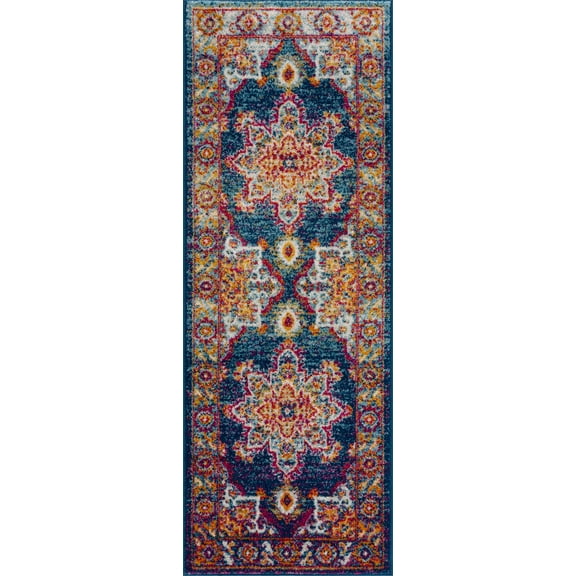 BoutiqueRugs Istanbul Farmhouse Runner Rug - Navy, Aqua - 2'7" x 7'3" Runner