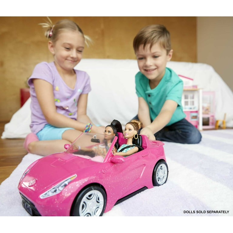Barbie Convertible Toy Car, Sparkly Pink 2-Seater with Driving