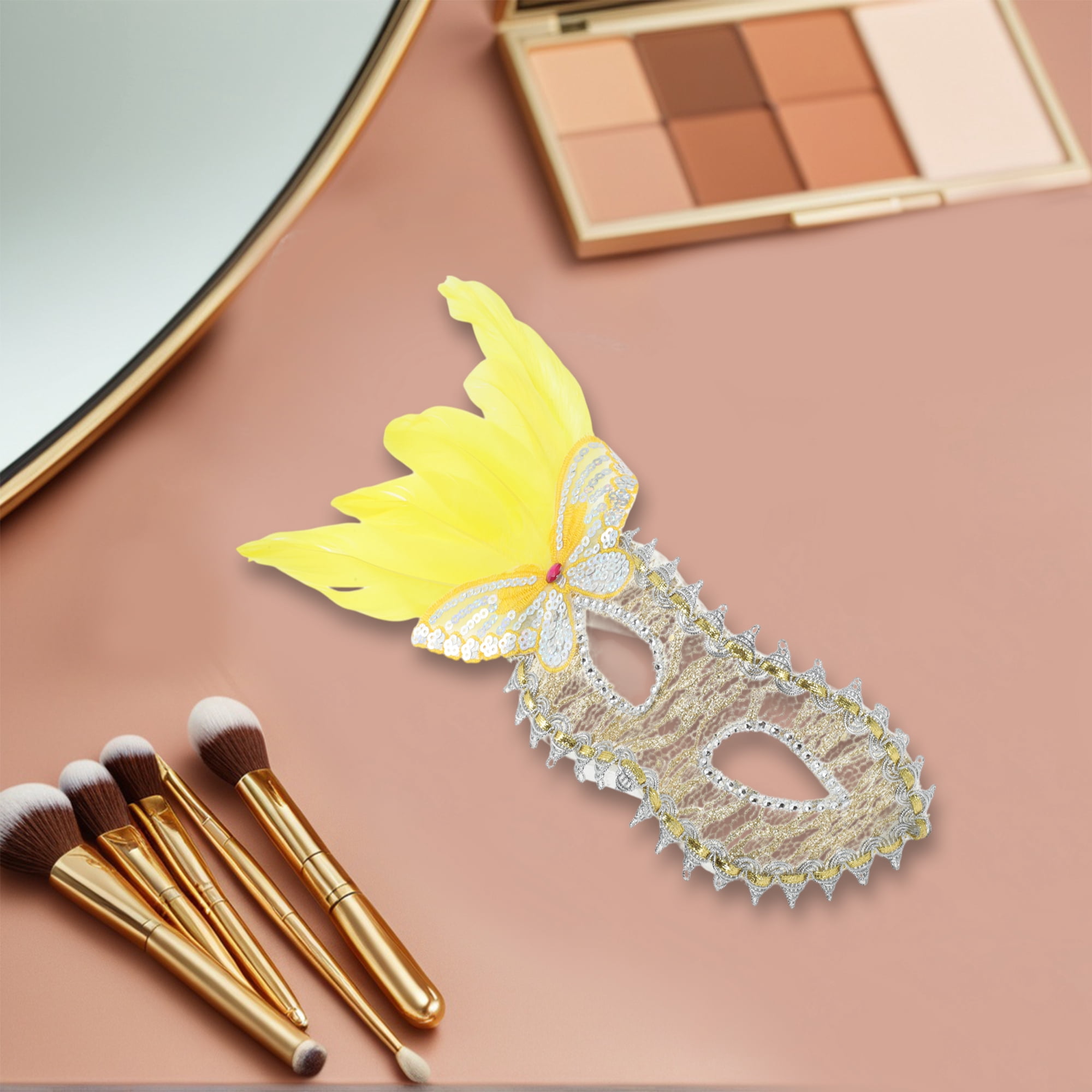 Unique Bargains Elegant Side Feather Masquerade Half Face Party Mask Yellow