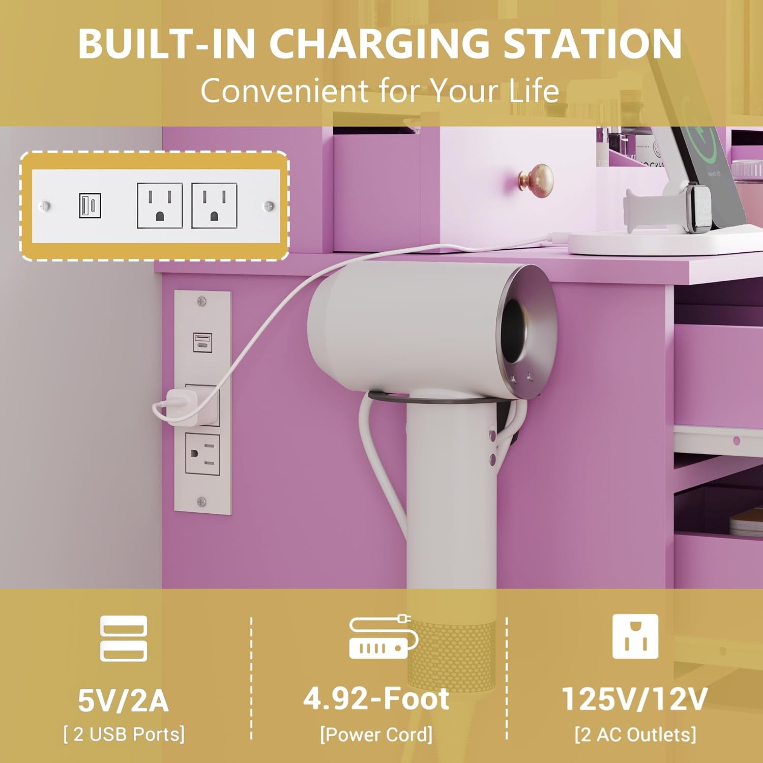 FANRAL 43.7" Vanity Desk with 10 Mirror Lights & Under-Table RGB,Charging Station & Hair Dryer Holder,Multi-Storage Dressing Table for Bedroom Bathroom,Purple Vanity