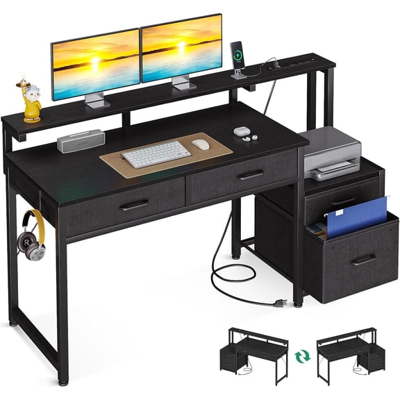 AODK Computer Desk with 4 Drawers, 48 Inch Office Desk with Printer Shelf & Built-in Power Outlet, Work Desk with Monitor Shelf for Home Small Spaces, Black