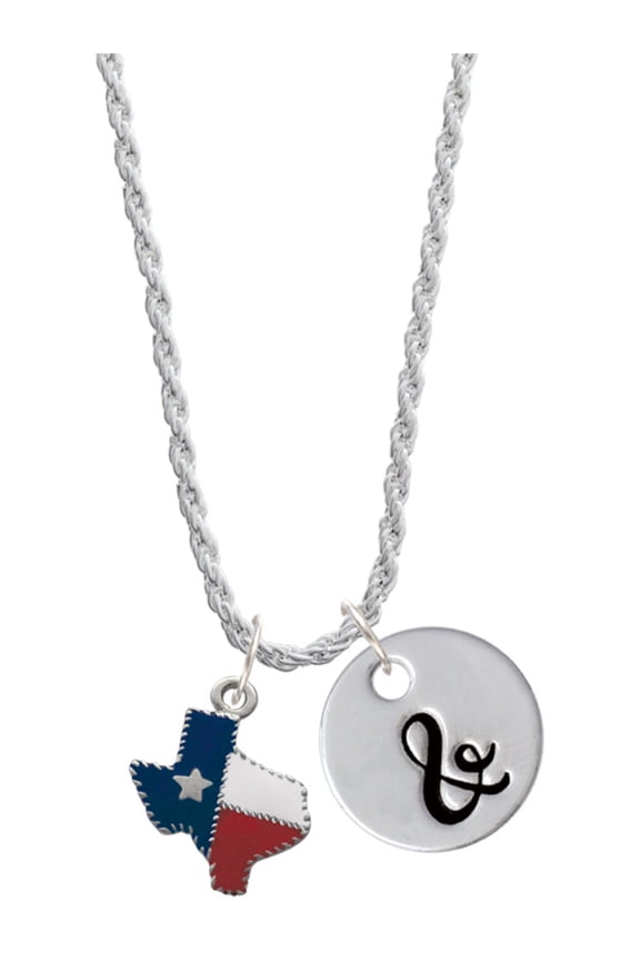 Silvertone Texas with Rope Border Silvertone Script Initial Disc - & - Charm Necklace, 20"+3"
