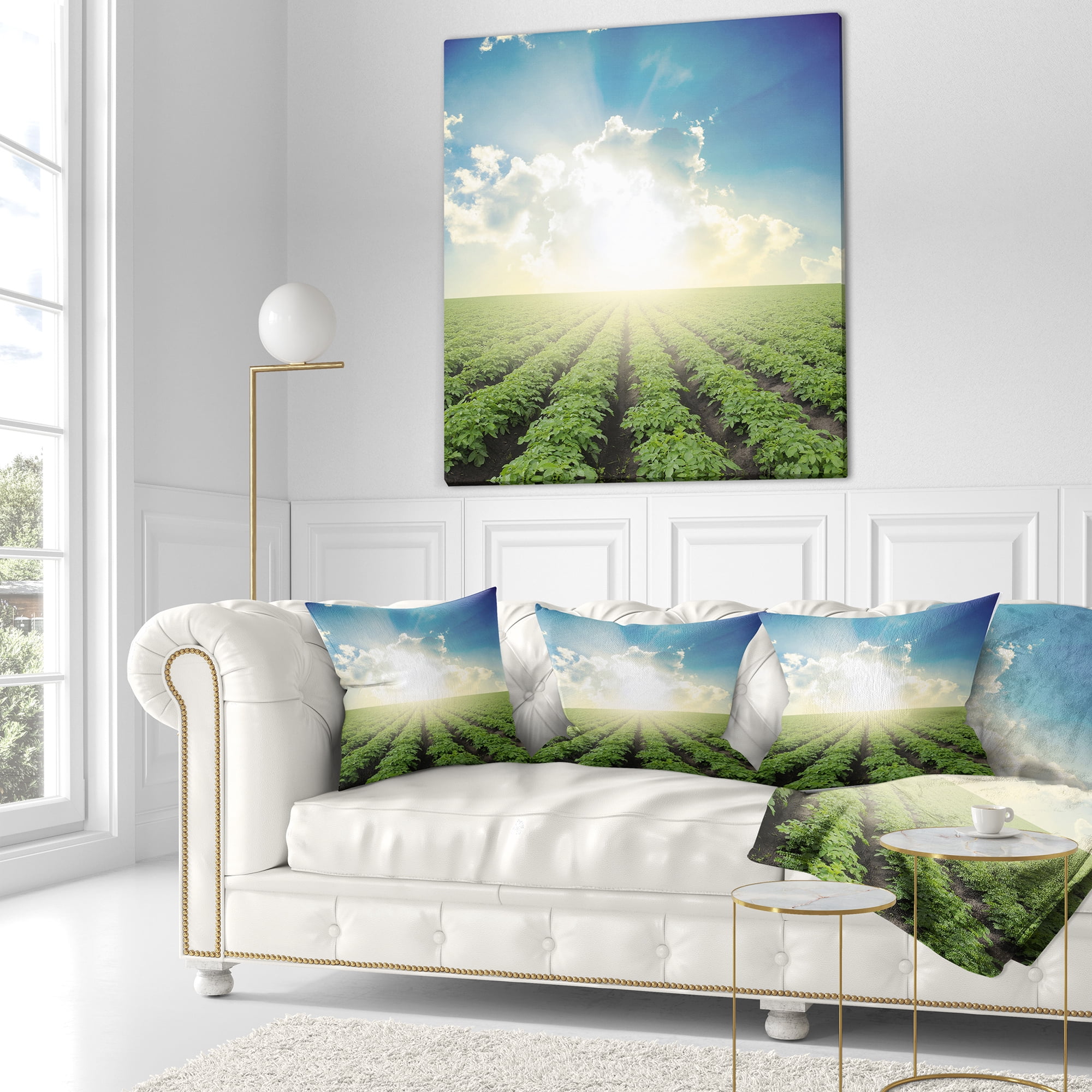 Designart Beautiful Potato Field At Sunset - Landscape Printed Throw Pillow - 18x18