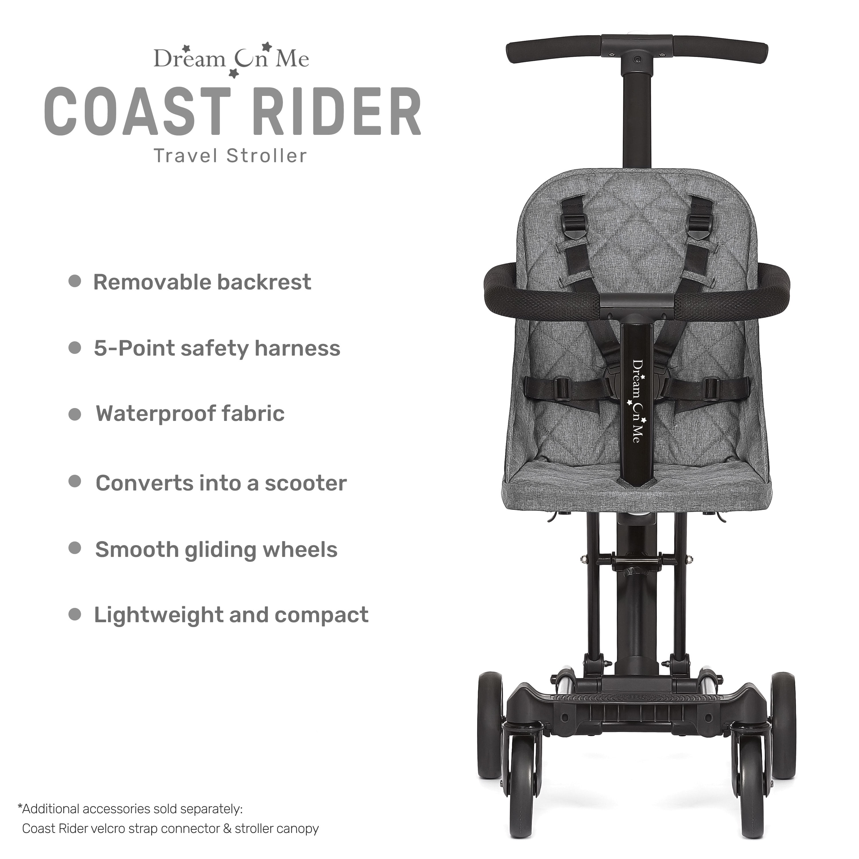 Dream On Me Coast Rider | Travel Stroller | Lightweight Stroller | Compact | Portable | Vacation Friendly Stroller, Gray