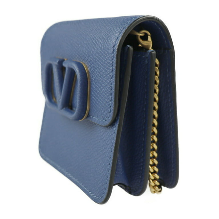 Pre-Owned Valentino Garavani V-Sling Compact Chain Wallet Shoulder Bag  UW2P0S96RQR Grain Calf Leather Blue Gold Hardware Crossbody Pochette (Like  New) 