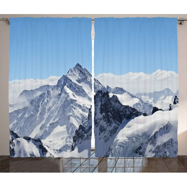 Winter Decor Curtains 2 Panels Set Snowy Rocky Mountain Peaks Tops Scene High Lands Icy Frozen