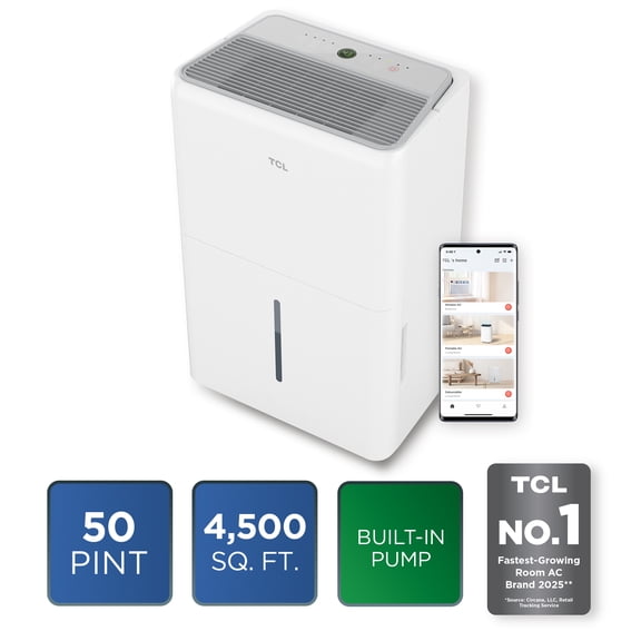 TCL 50 Pint 4,500 Sq Ft Smart Dehumidifier with Pump (White) - ENERGY STAR, Alexa/Google Assistant Compatible - W50D9P3