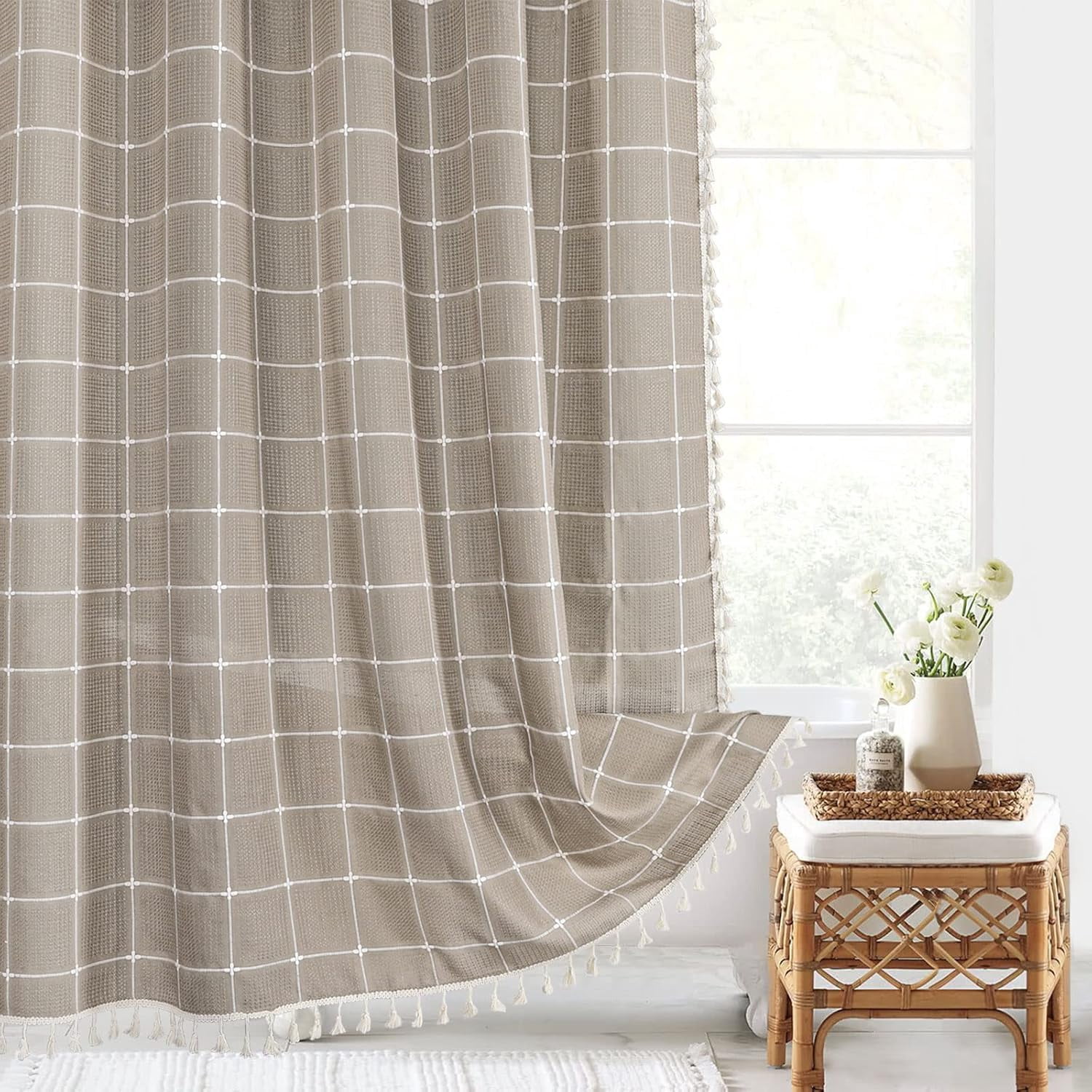 Zrodlmo Boho Farmhouse Shower Curtain with Hooks Rustic Cottagecore Fabric Bathroom Curtain with Tassels, 72" x 72", Coffee