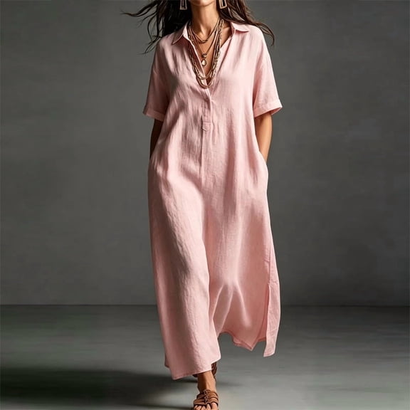 Morttic Women's Solid Color Lapel Collar Half Button Maxi Shirt Dress – Short Sleeve Side Pockets Summer Beach & Daily Wear Pink,S