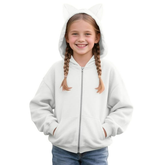 Gyexs Girls Zip Up Hoodies 7-16 with Designs Cute Cat Ear Oversize Hoodie Jackets Casual Long Sleeve Hood Sweatshirt Coat (White, 11-12 Years)