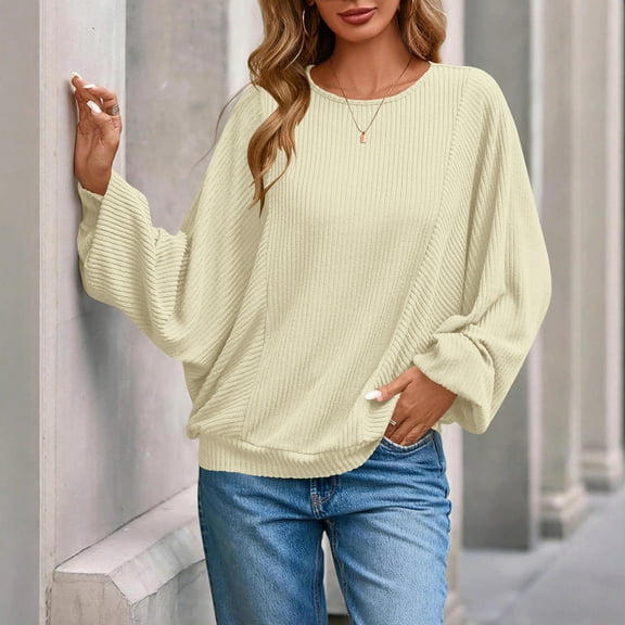 Qulqfy Going Out Long Sleeve Tops for Women Ribbed Oversized Beige Blouses Casual Crew Neck Shirts for Women