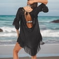 thumbnail image 4 of JIAYUE Women's Swimsuit Cover-Ups Solid Color O-Neck Crochet 3/4 Sleeve Sexy Hollow Above Knee Backless Beach Bathing Suit Cover Up Dresses, 4 of 5