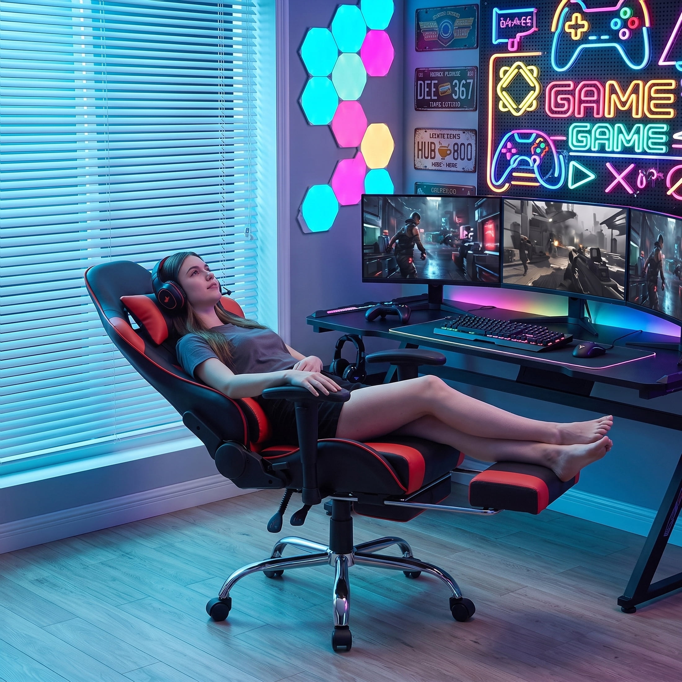 Gianna Ergonomic Gaming Chair, Adjustable Height with 360° Swivel, Flip-Up Armrests, Headrest & Lumbar Cushion Included, Red